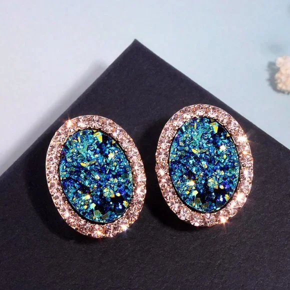 Round Stud Blue Multi Colored Stone with Halo - Picture 5 of 6